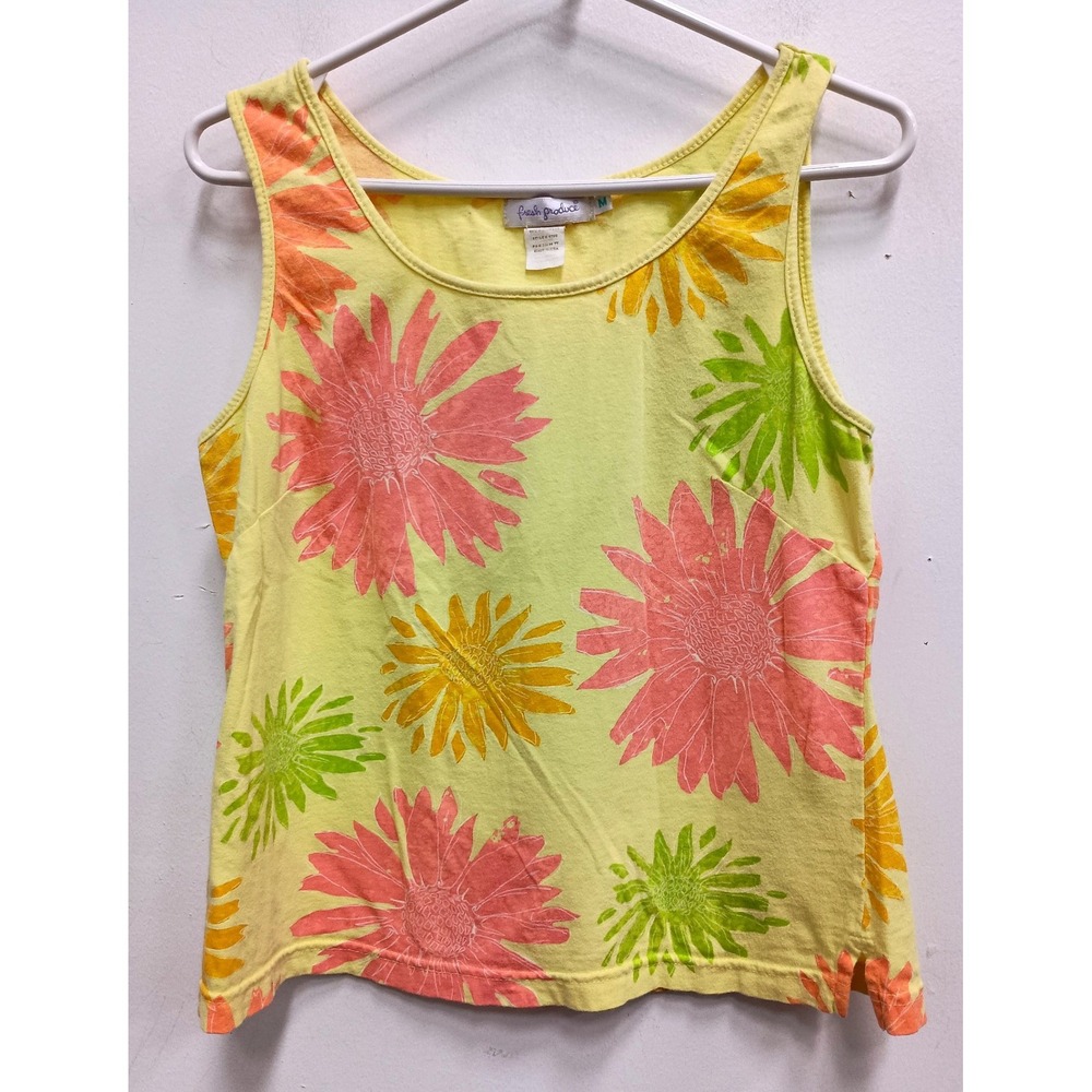 Fresh Produce Tank Top Womens Medium Yellow Floral Cotton Sleeveless Resort